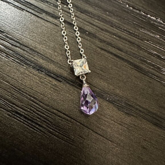 Laila Rowe Silver Tone Necklace W/Purple Teardrop & Clear Crystal Pendant 14" - Picture 7 of 10